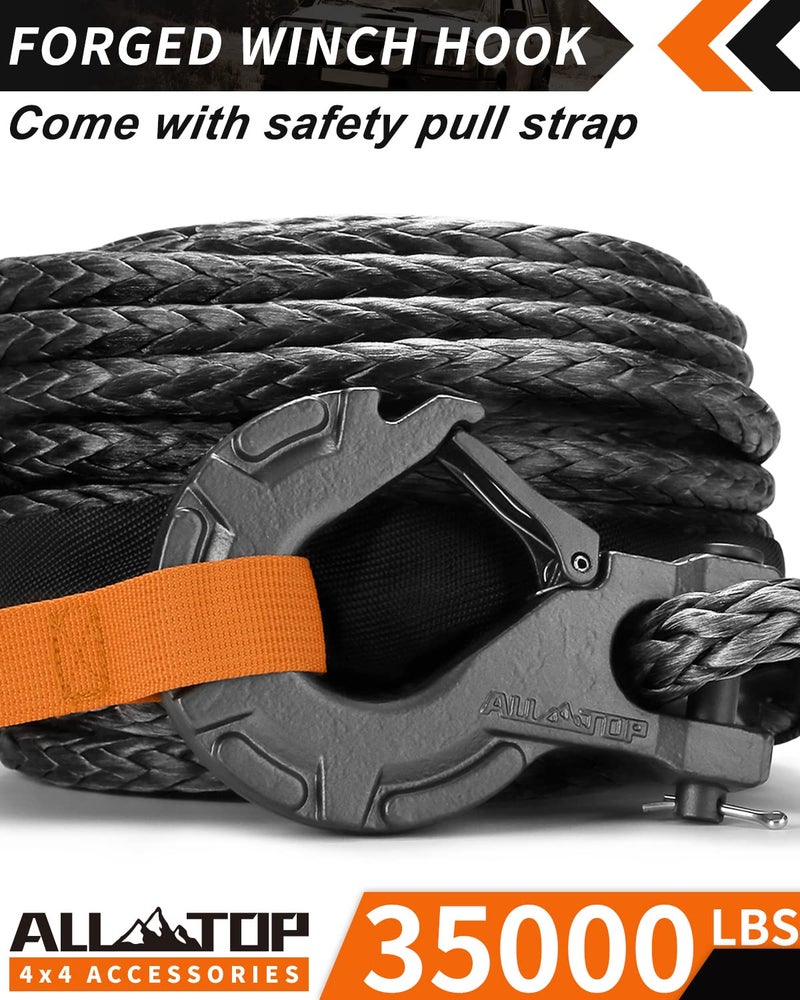 ALL-TOP Synthetic Winch Rope w/Hook & Isolator, 9/16in x 76ft, 35000Lbs UHMWPE Cable Replace Kit, Forged Hook & Rubber Stopper & Safety Pull Strap - Image 4